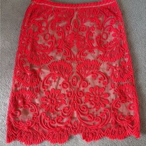 Yoana Baraschi Coral Pink Red Floral Lace Scalloped A-Line Pencil Skirt
